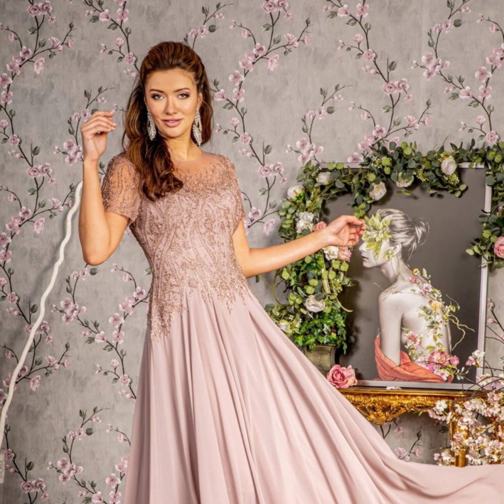 NEW FLOOR LENGTH FORMAL A-LINE DRESS EMBROIDERED WITH BEADS & FLORAL LACE GL3492